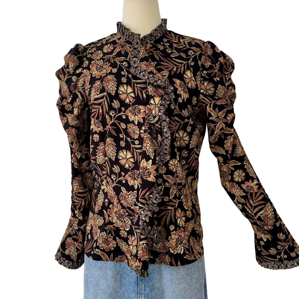 MISA Garance Blouse Gilded Paisley Print Ruffle Top in Black Brown M